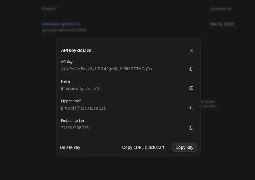 Gemini API key details and copy dialog
